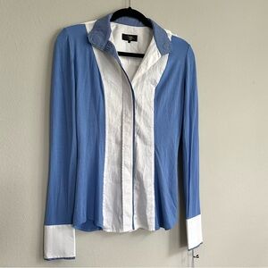 Equestrian Le Fash brand Show Shirt Blue White Long Sleeve Shirt plaid collar